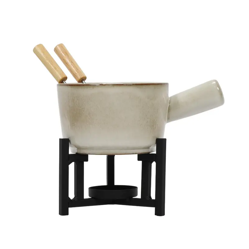 Zestaw do fondue serowego, rondelek z porcelany, 2 widelce