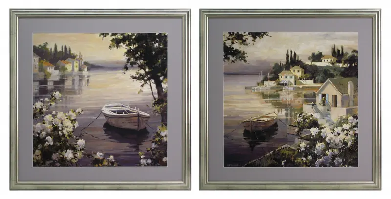 Zestaw dwóch obrazów - Pejzaż z łódką na jeziorze - reprodukcje w ramach 60x60 cm