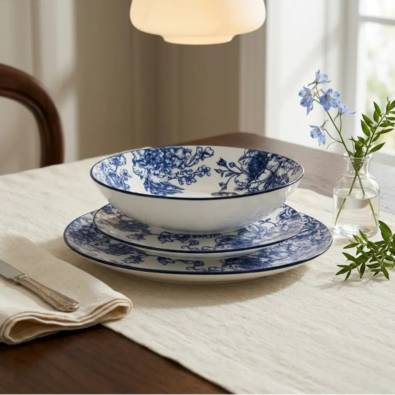 Zestaw ozdobnych talerzy z nadrukiem kwiatowym GLAMT, 18 sztuk, porcelanowych