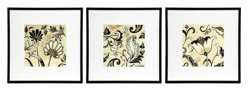 Zestaw trzech obrazów - Kwiatowe ornamenty - reprodukcje w ramach 50x50 cm